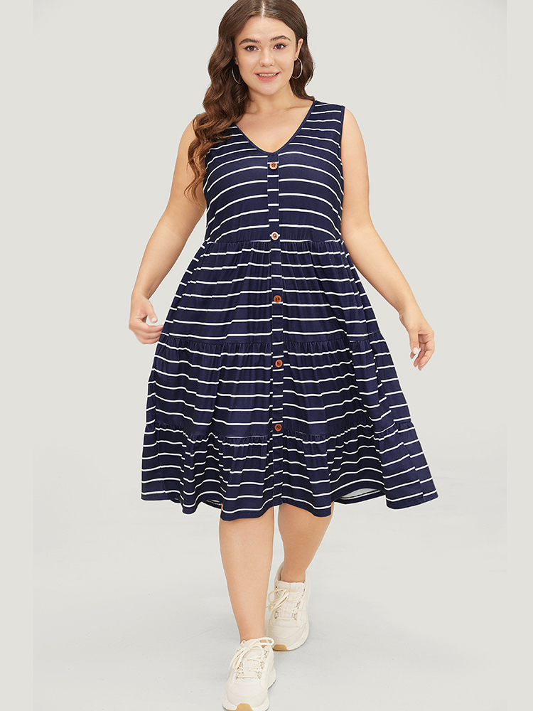 

Plus Size Striped Print Button Detail Ruffle Tiered V Neck Tank Dress Navy Women Casual Contrast V-neck Sleeveless Curvy Midi Dress BloomChic