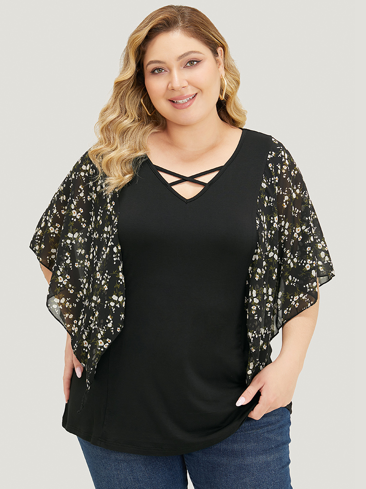 

Plus Size Floral Mesh Dolman Sleeve Crisscross V Neck T-shirt Multicolor Round Neck Half Sleeve Elegant Jersey Tops