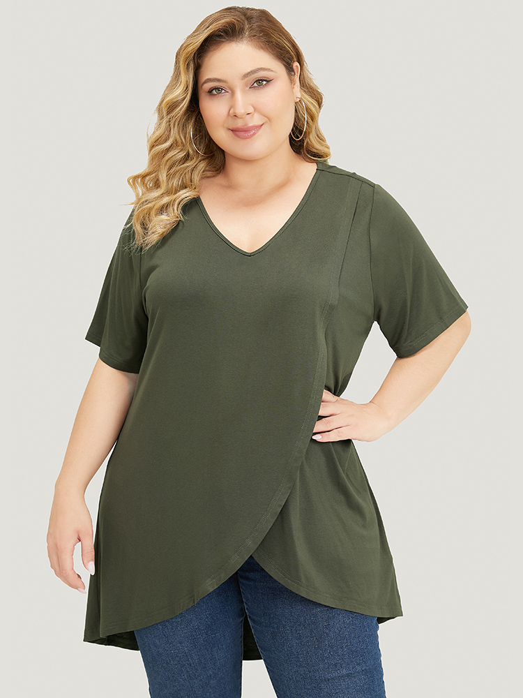 

Plus Size Plain V Neck Wrap High Low Hem T-shirt ArmyGreen V-neck Short sleeve Casual Jersey Tops