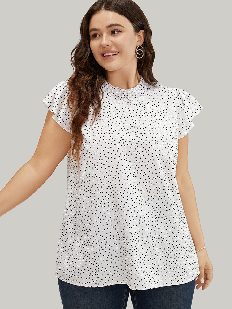 

Plus Size White Polka Dot Shirred Mock Neck Cap Sleeve Blouse Women Elegant Cap Sleeve Mock Neck Everyday Blouses BloomChic