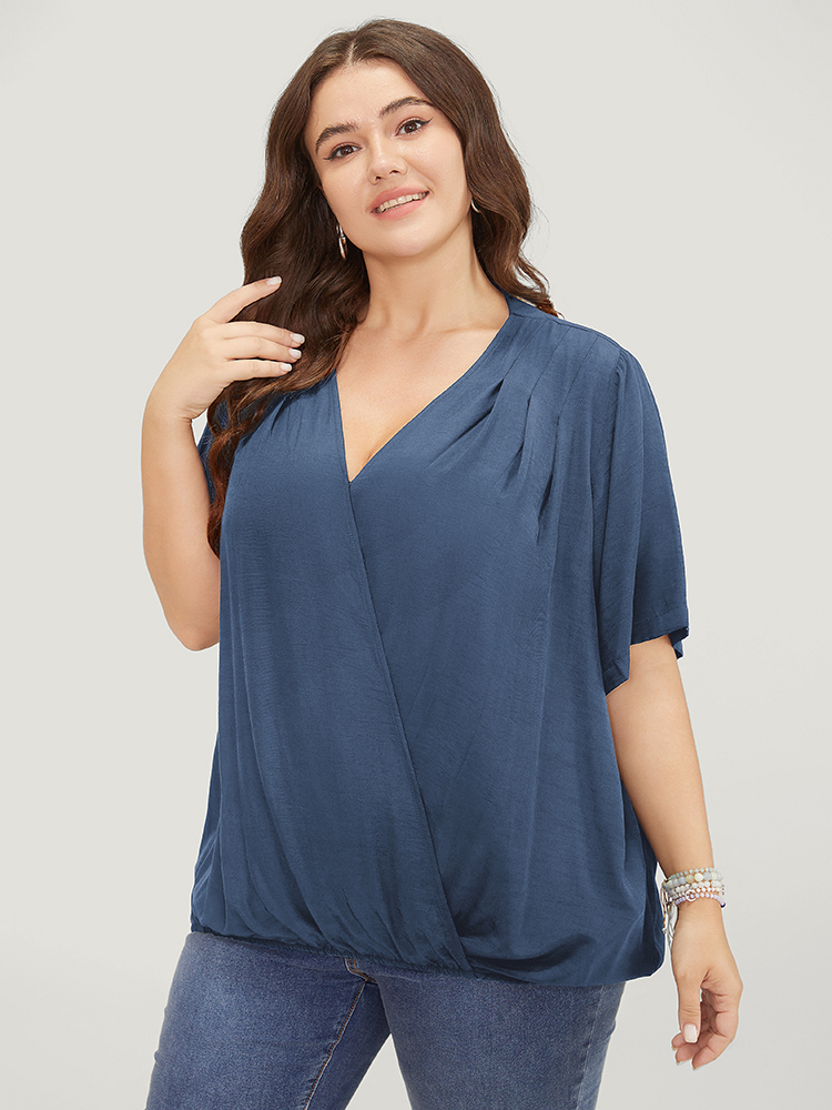 

Plus Size Aegean Plain Pleated Surplice Neck Blouse Women Office Short sleeve V-neck Work Blouses BloomChic