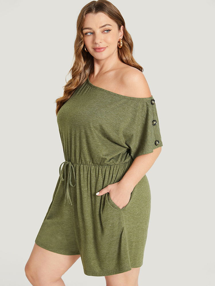 

Plus Size ArmyGreen Solid Button Detail Pocket Knot Front One Shoulder Romper Women Casual Short sleeve One Shoulder Dailywear Loose Jumpsuits BloomChic