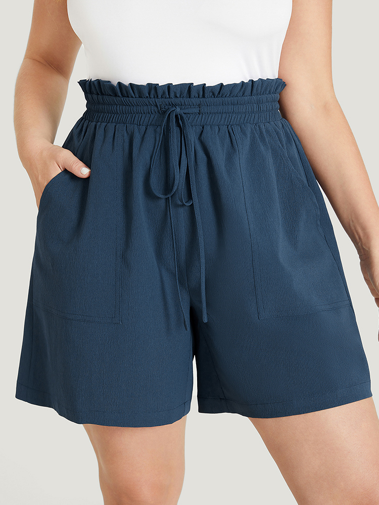 

Plus Size Plain Drawstring Pocket Paperbag Waist Shorts Women Indigo Casual Drawstring Loose Dailywear Shorts BloomChic