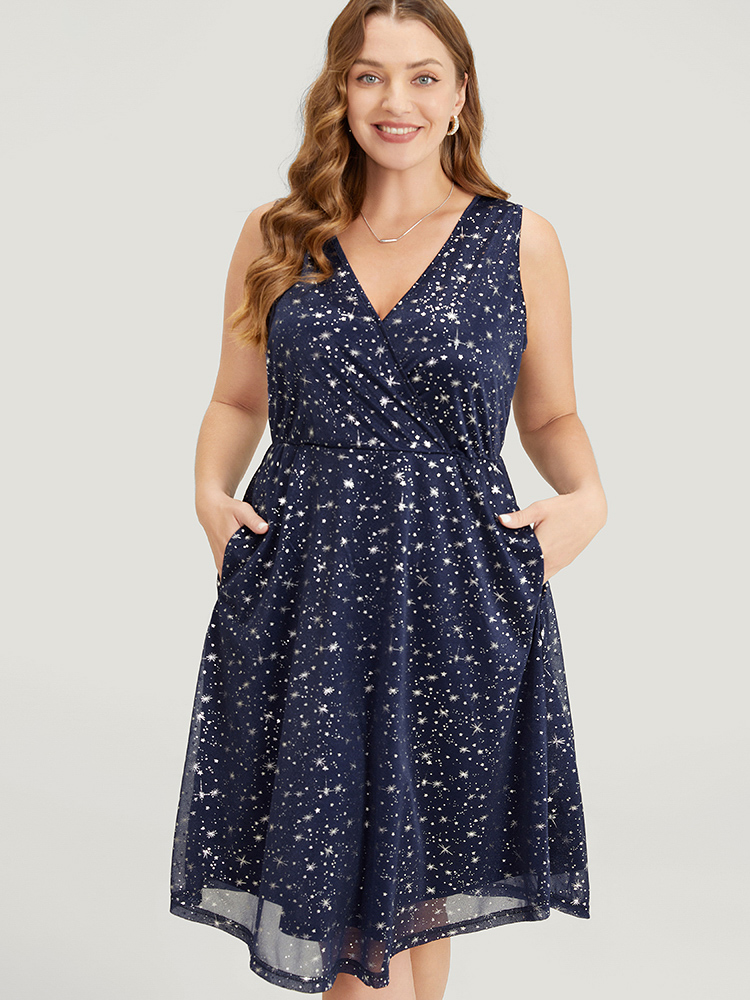 

Plus Size Star Print Wrap Mesh Pocket Glitter Tank Dress DarkBlue Women Wrap V-neck Sleeveless Curvy Knee Dress BloomChic