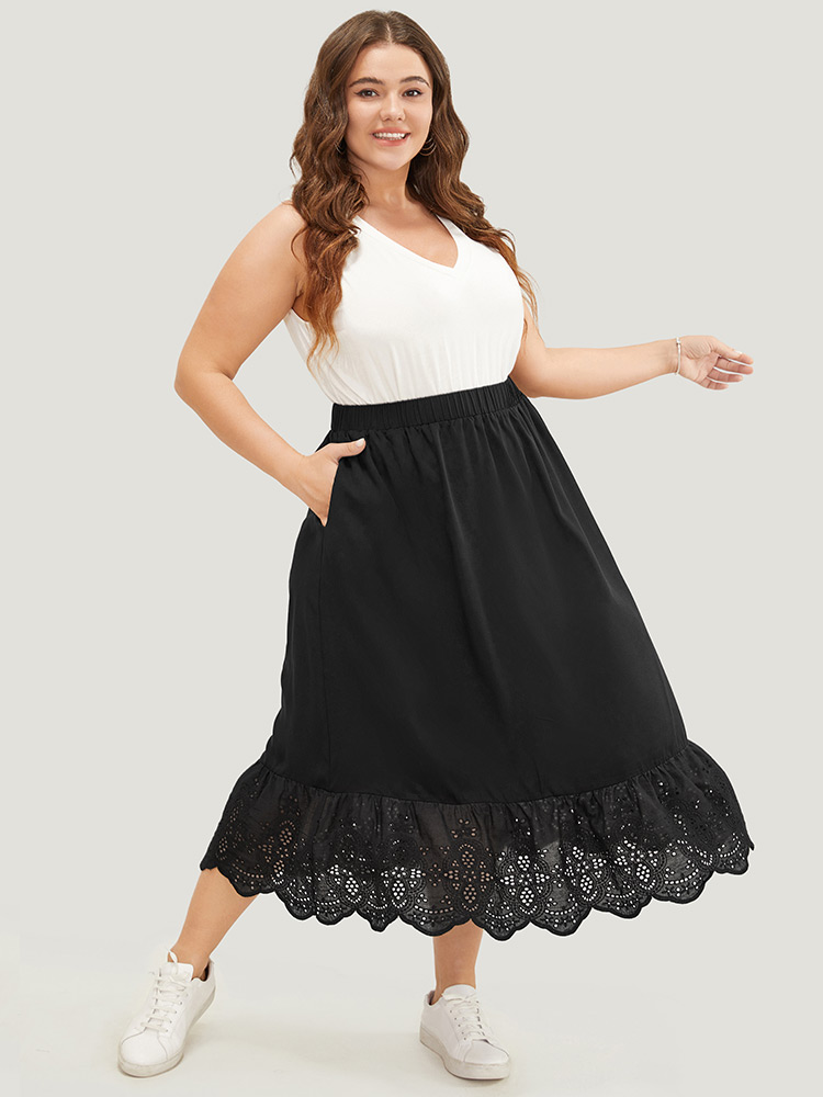 Plus Size Solid Pocket Patchwork Broderie Anglaise Skirt Women Black Vacation Broderie anglaise No stretch Pocket Dailywear Skirts BloomChic 14-16/1X 