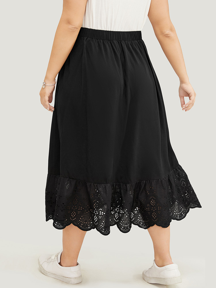 Plus Size Solid Pocket Patchwork Broderie Anglaise Skirt Women Black Vacation Broderie anglaise No stretch Pocket Dailywear Skirts BloomChic 14-16/1X 
