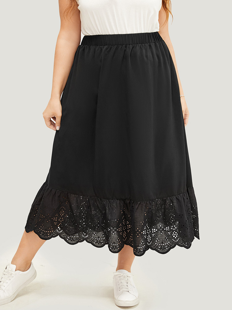 Plus Size Solid Pocket Patchwork Broderie Anglaise Skirt Women Black Vacation Broderie anglaise No stretch Pocket Dailywear Skirts BloomChic 14-16/1X 