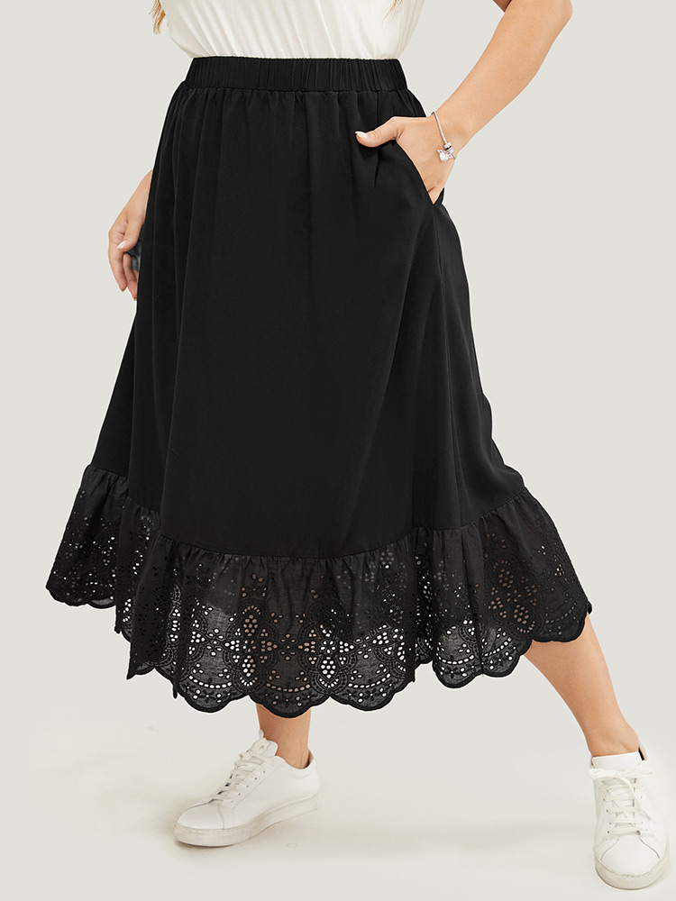 Plus Size Solid Pocket Patchwork Broderie Anglaise Skirt Women Black Vacation Broderie anglaise No stretch Pocket Dailywear Skirts BloomChic 14-16/1X 