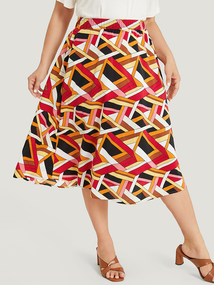 Plus Size Geometric Contrast Pocket Flutter Skirt Women Multicolor Elegant Contrast No stretch Pocket Dailywear Skirts BloomChic 14-16/1X 