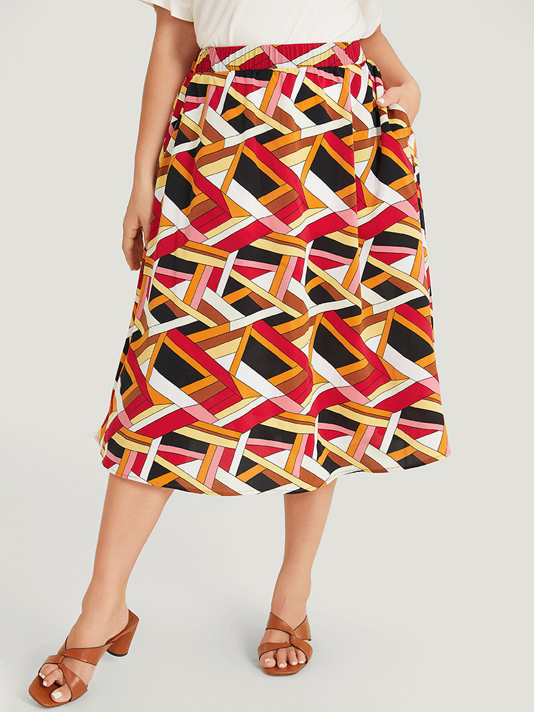 Plus Size Geometric Contrast Pocket Flutter Skirt Women Multicolor Elegant Contrast No stretch Pocket Dailywear Skirts BloomChic 14-16/1X 