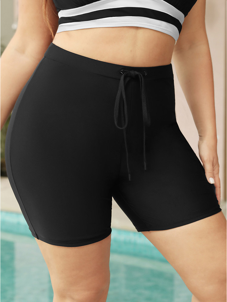 

Plus Size High Waist Ties Front Swim Shorts Women's Swimwear Black Vacation Plain High stretch Skinny High Rise Curve Swim Bottoms BloomChic