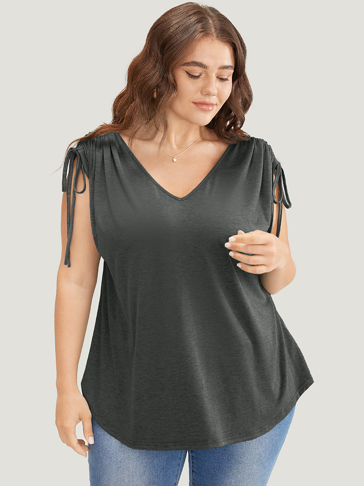 

Plus Size Solid Drawstring Dolman Sleeve T-shirt DimGray V-neck Short sleeve Casual Jersey Tops