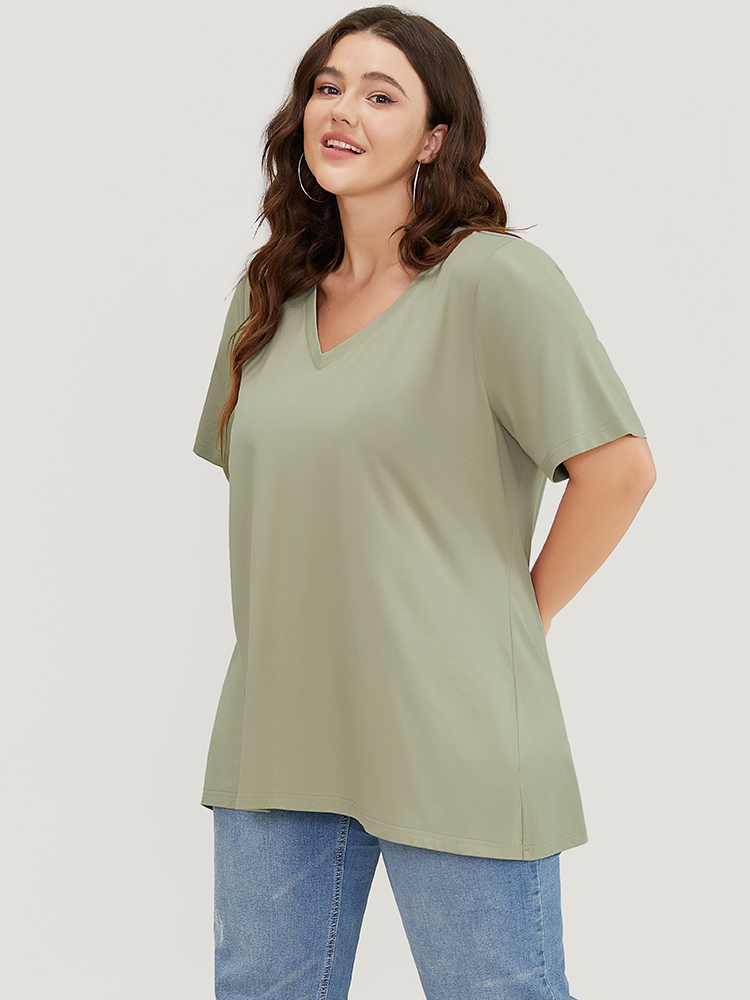 

Plus Size UltraCool V Neck Asymmetrical Hem T-shirt Sage Women Basics Plain V-neck Dailywear T-shirts BloomChic