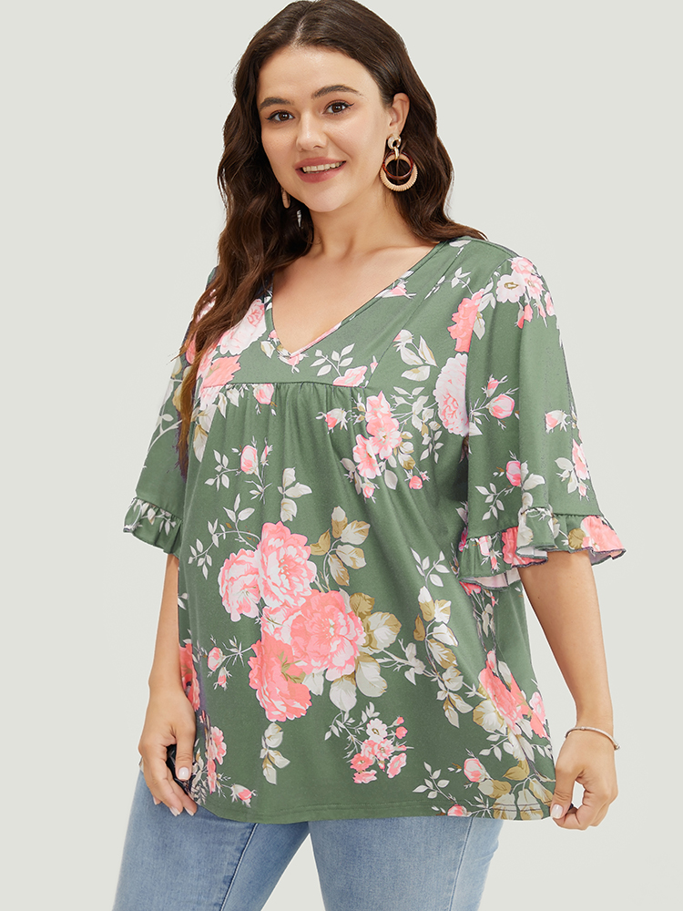 

Floral Print Flutter Sleeve Gathered Detail T-shirt, Sage