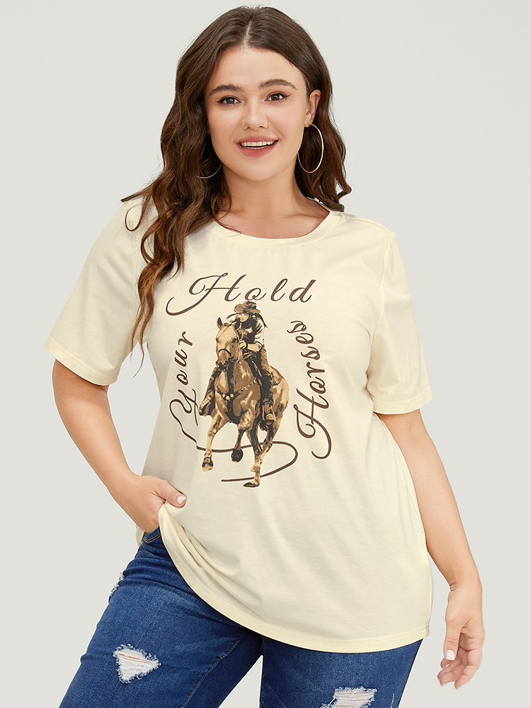 

Plus Size Horse & Letter Print Round Neck Graphic Tee Apricot Women Casual Western Dailywear T-shirts BloomChic