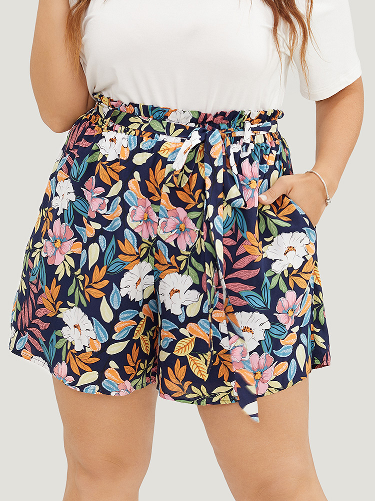 

Plus Size Tropical Print Paperbag Waist Pocket Belt Shorts Women Indigo Vacation Elastic Waist Loose Dailywear Shorts BloomChic