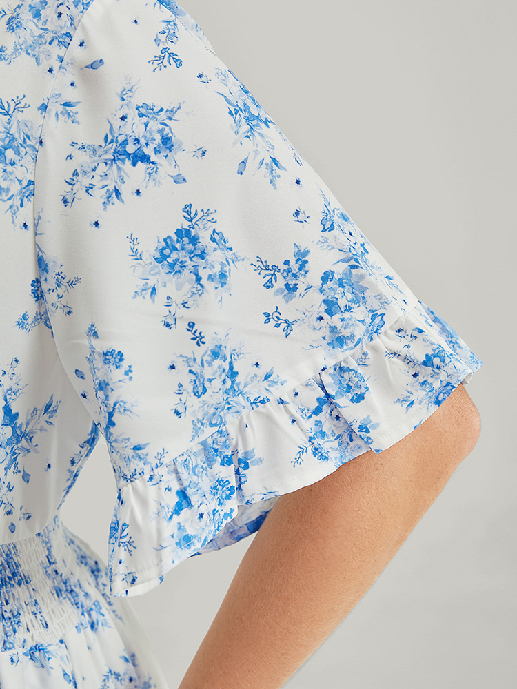Plus Size Floral Ruffle Trim Button Detail Pocket Shirred Waist Dress Blue Women Elegant Lined V-neck Short sleeve Curvy Midi Dress BloomChic 10/M 