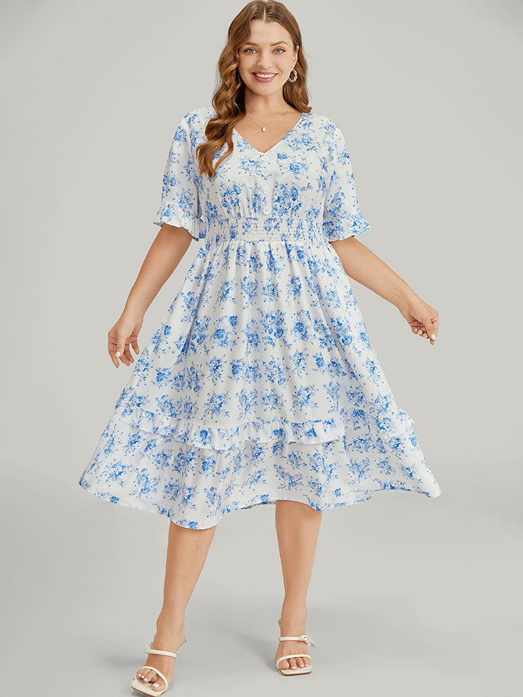 Plus Size Floral Ruffle Trim Button Detail Pocket Shirred Waist Dress Blue Women Elegant Lined V-neck Short sleeve Curvy Midi Dress BloomChic 10/M 