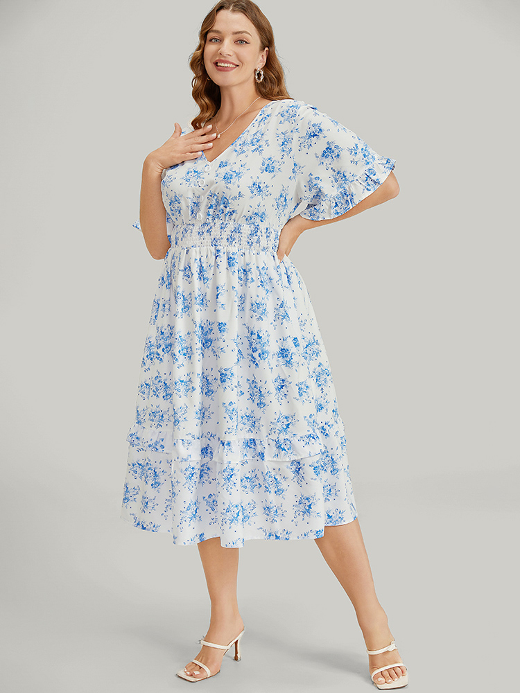 Plus Size Floral Ruffle Trim Button Detail Pocket Shirred Waist Dress Blue Women Elegant Lined V-neck Short sleeve Curvy Midi Dress BloomChic 10/M 