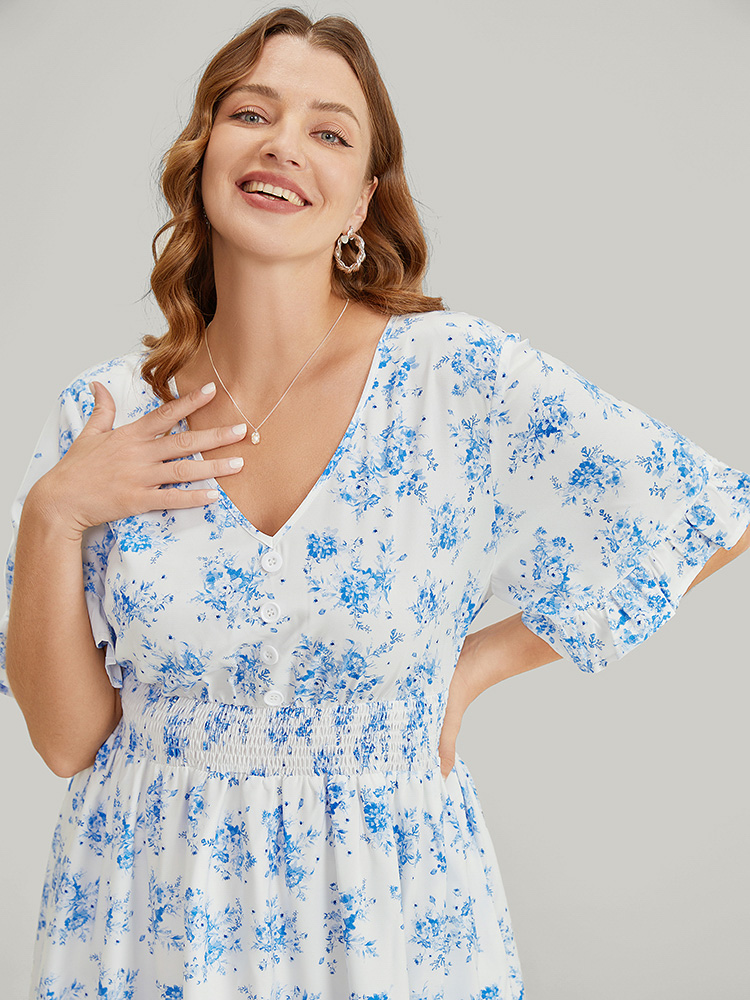 Plus Size Floral Ruffle Trim Button Detail Pocket Shirred Waist Dress Blue Women Elegant Lined V-neck Short sleeve Curvy Midi Dress BloomChic 10/M 