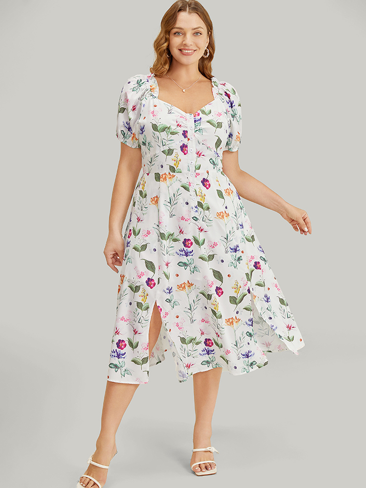 

Plus Size Floral Split Hem Button Detail Pocket Ruched Puff Sleeve Dress Multicolor Women Elegant Ruched V-neck Short sleeve Curvy Midi Dress BloomChic