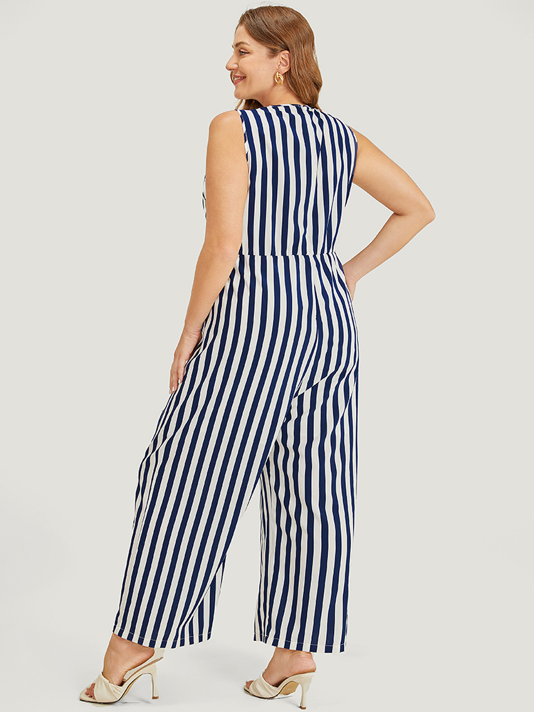 

Plus Size DarkBlue Striped Print Contrast Lace Pocket Knot Tassels Tank Jumpsuit Women Office Sleeveless V-neck Work Loose Jumpsuits BloomChic