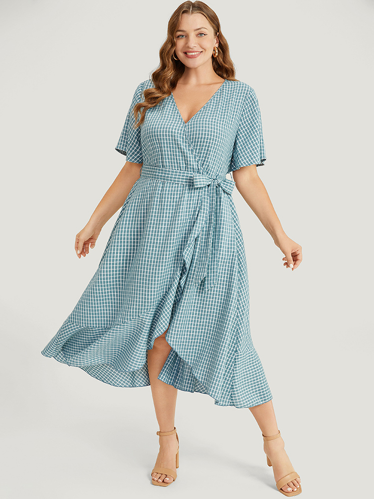 

Plus Size Gingham Pocket Belted Ruffle Trim Surplice Neck Dress Cerulean Women Office Wrap V-neck Short sleeve Curvy Midi Dress BloomChic