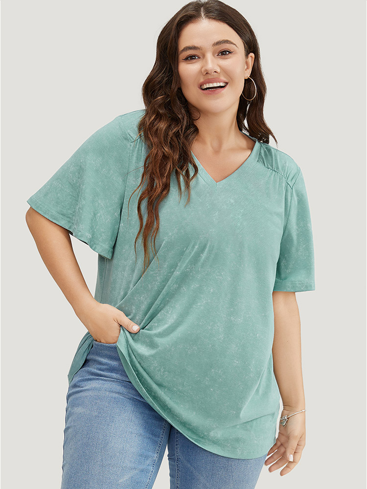 

Plus Size Solid Ruffle Sleeve Heather T-shirt Mint Women Casual Gathered Plain V-neck Dailywear T-shirts BloomChic