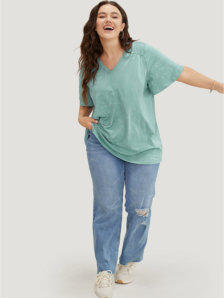 

Plus Size Solid Ruffle Sleeve Heather T-shirt Mint Women Casual Gathered Plain V-neck Dailywear T-shirts BloomChic