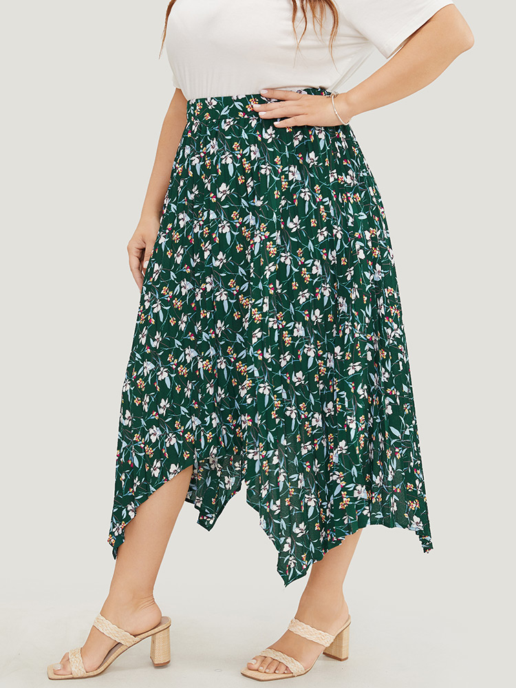 

Plus Size Ditsy Floral Pleated Hanky Hem Skirt Women DarkGreen Elegant Asymmetrical No stretch Dailywear Skirts BloomChic