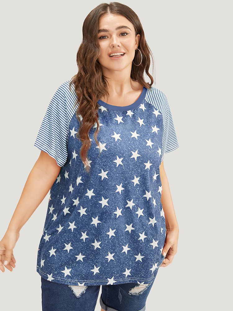 Plus Size Women Dailywear Moon and Star Raglan sleeve Short sleeve Round Neck Casual T-shirts BloomChic 