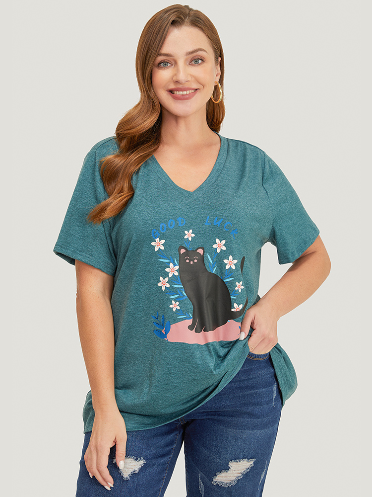 

Plus Size Cat & Floral Print V Neck Heather T-shirt Green Women Casual Heather Positive slogan Dailywear T-shirts BloomChic