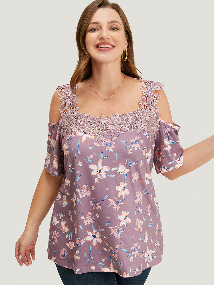 

Floral Guipure Lace Cold Shoulder T-shirt, Mauve