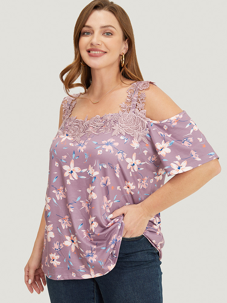 

Plus Size Floral Guipure Lace Cold Shoulder T-shirt Mauve Cold Shoulder Short sleeve Elegant Jersey Tops