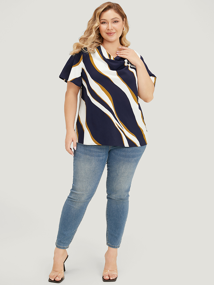 Plus Size Women Work Water Ripple Ruffle Sleeve Short sleeve Cowl Neck Office Blouses BloomChic 