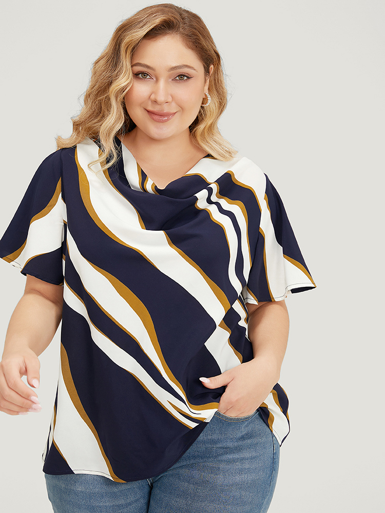 Plus Size Women Work Water Ripple Ruffle Sleeve Short sleeve Cowl Neck Office Blouses BloomChic 