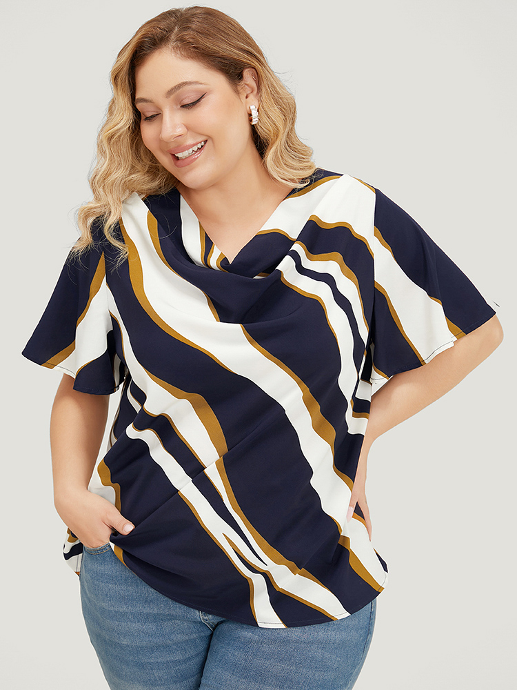 Plus Size Women Work Water Ripple Ruffle Sleeve Short sleeve Cowl Neck Office Blouses BloomChic 