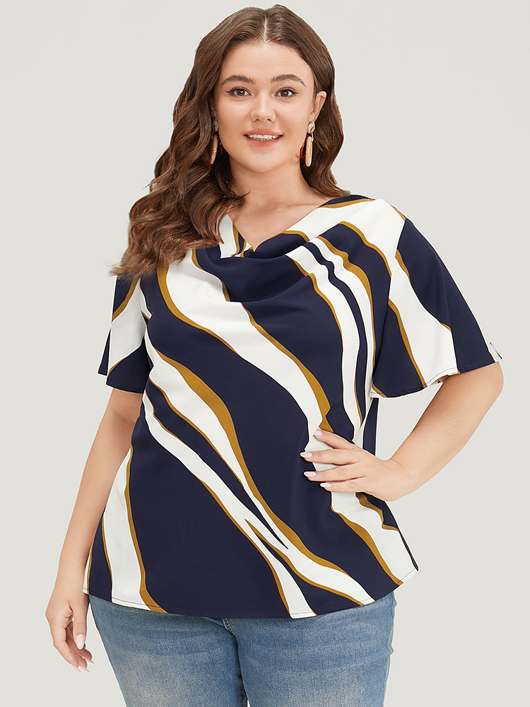 Plus Size Women Work Water Ripple Ruffle Sleeve Short sleeve Cowl Neck Office Blouses BloomChic 