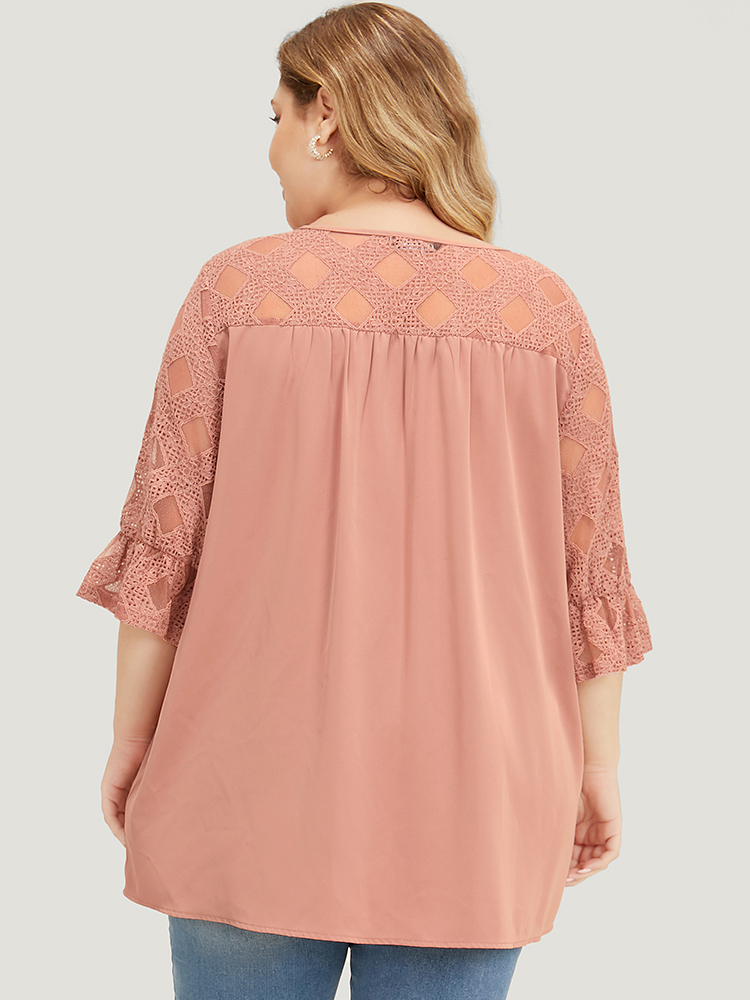 

Plus Size DustyPink Solid Lace Mesh Panel Bell Sleeve Blouse Women Elegant Elbow-length sleeve Round Neck Dailywear Blouses BloomChic
