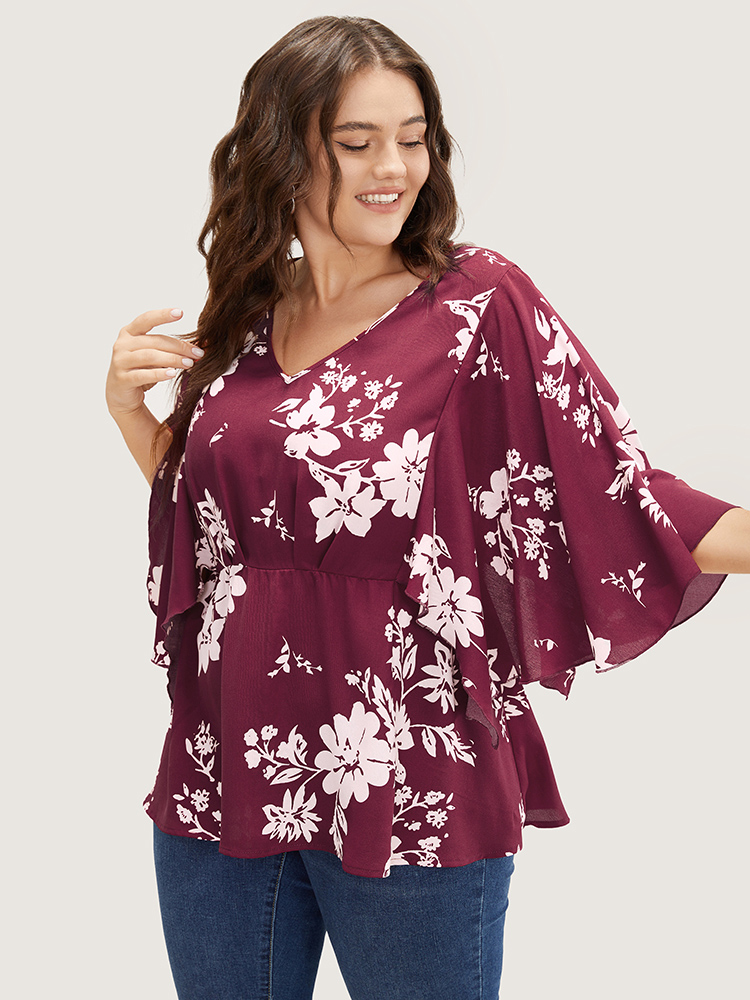 

Plus Size Burgundy Floral Printed Plicated Detail Flutter Sleeve Blouse Women Elegant Short sleeve V-neck Dailywear Blouses BloomChic