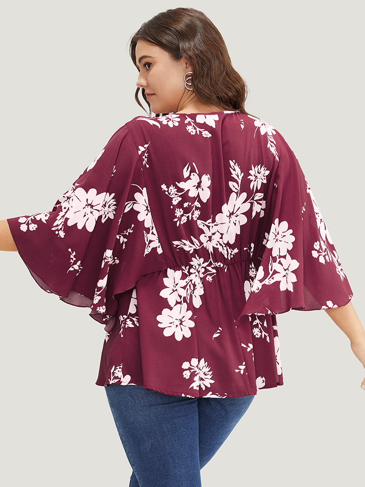 

Plus Size Burgundy Floral Printed Plicated Detail Flutter Sleeve Blouse Women Elegant Short sleeve V-neck Dailywear Blouses BloomChic