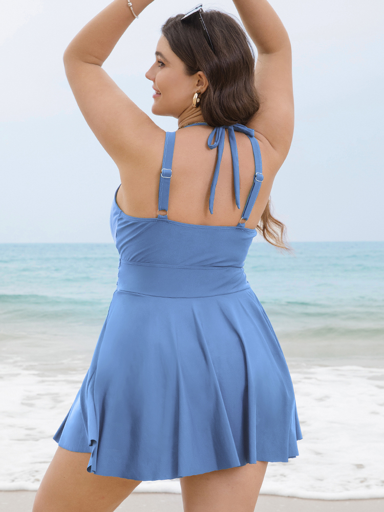 Plus Size Solid Ruffle Hem Empire Waist Halter Neck Swim Dress Women`s Swimwear LightBlue Beach Bodycon Halter neck High stretch Curve Swim Dresses BloomChic 30/6X 