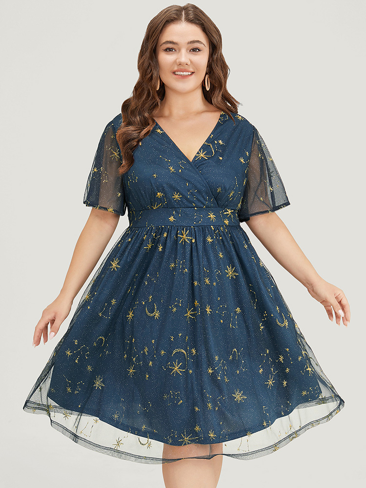 

Plus Size Star & Moon Embroidered Mesh Ruffle Sleeve Pocket Wrap Dress Navy Women Party Lined V-neck Short sleeve Curvy Midi Dress BloomChic