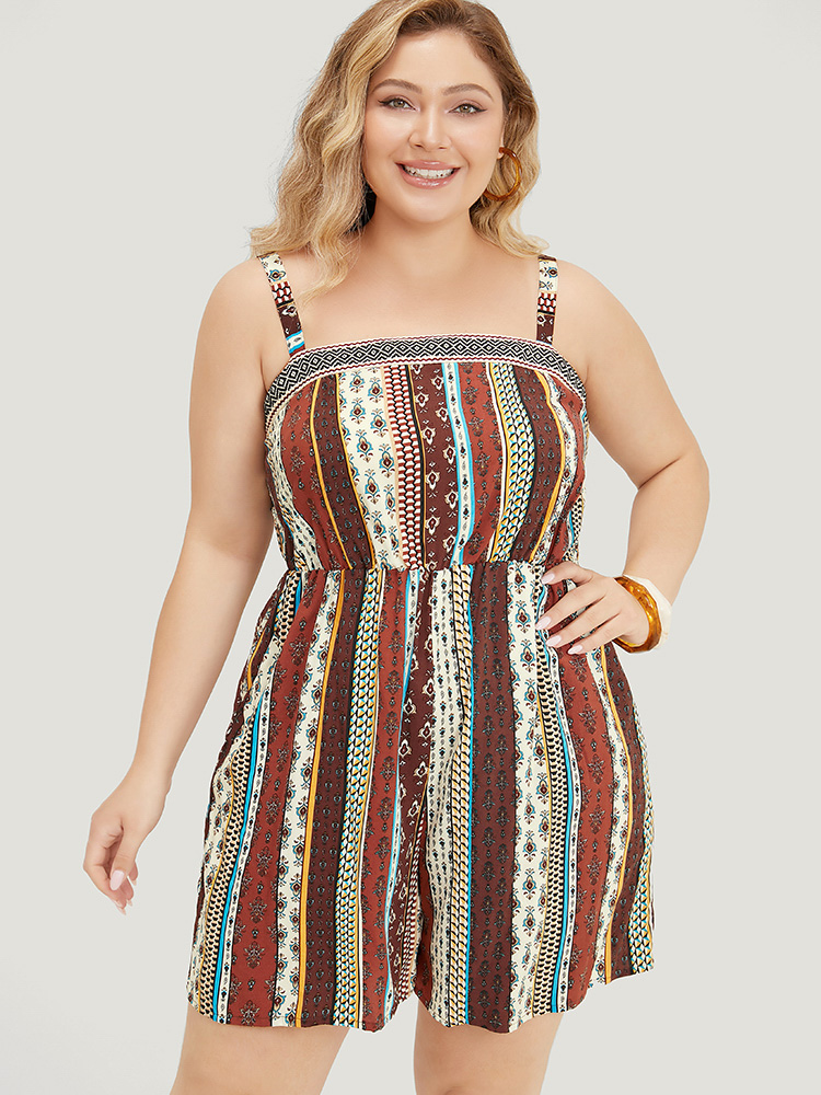 

Plus Size Bandana Print Pocket Striped Cami Romper Multicolor Striped Pocket Vacation Dailywear  Rompers Bloomchic