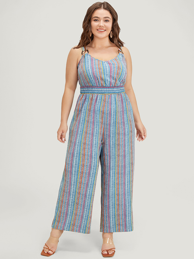 

Plus Size Stone Striped Contrast Buckle Detail Pocket Shirred Jumpsuit Women Vacation Sleeveless Spaghetti Strap Dailywear Loose Jumpsuits BloomChic