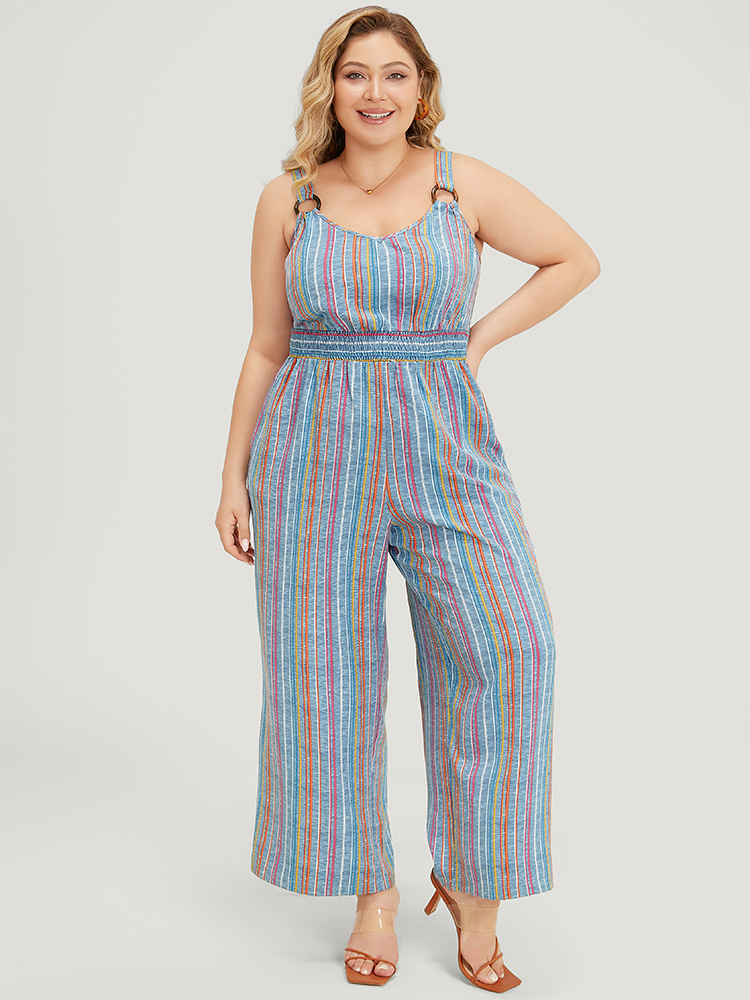 

Plus Size Stone Striped Contrast Buckle Detail Pocket Shirred Jumpsuit Women Vacation Sleeveless Spaghetti Strap Dailywear Loose Jumpsuits BloomChic