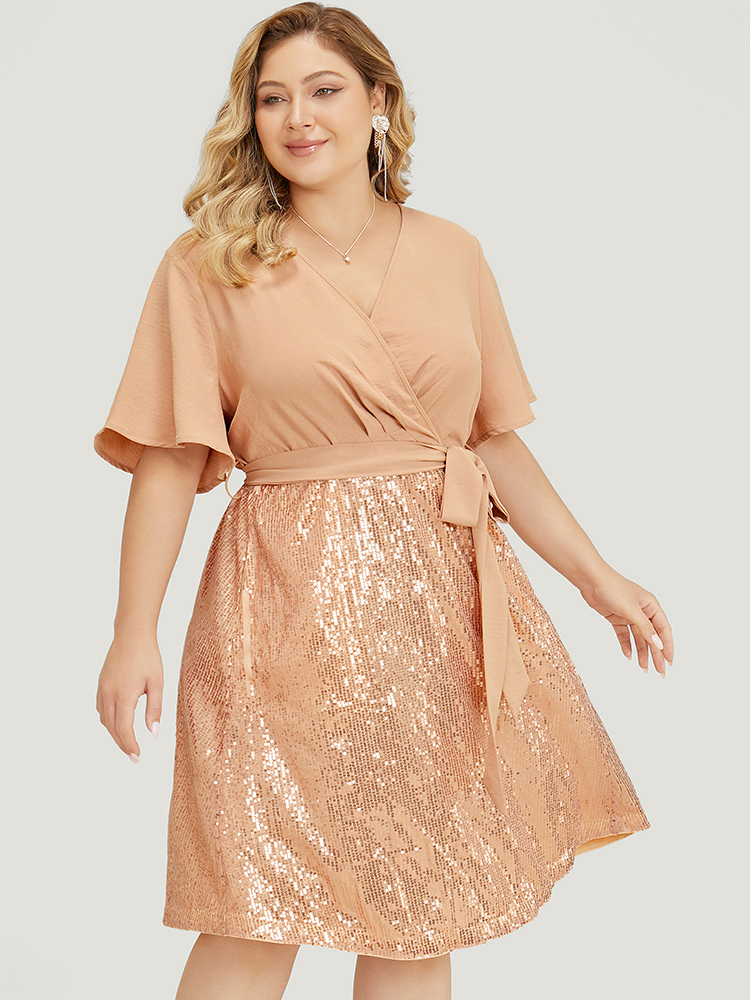 

Plus Size Sequin Patchwork Pocket Belted Surplice Neck Ruffle Dress Apricot Women Party Lined V-neck Short sleeve Curvy Knee Dress BloomChic