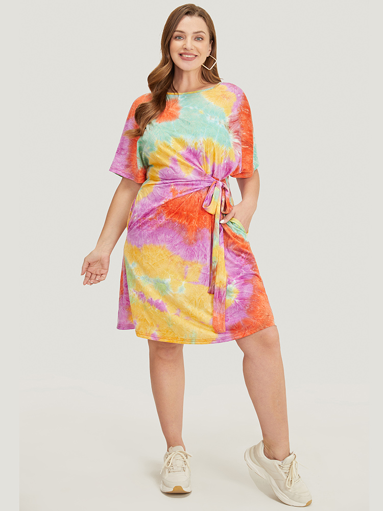 

Plus Size Tie Dye Pocket Knotted Front Batwing Sleeve Knee Dress Orange Women Casual Knotted Round Neck Short sleeve Curvy Knee Dress BloomChic