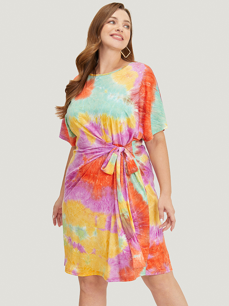 

Plus Size Tie Dye Pocket Knotted Front Batwing Sleeve Knee Dress Orange Women Knotted Round Neck Short sleeve Curvy Knee Dress BloomChic