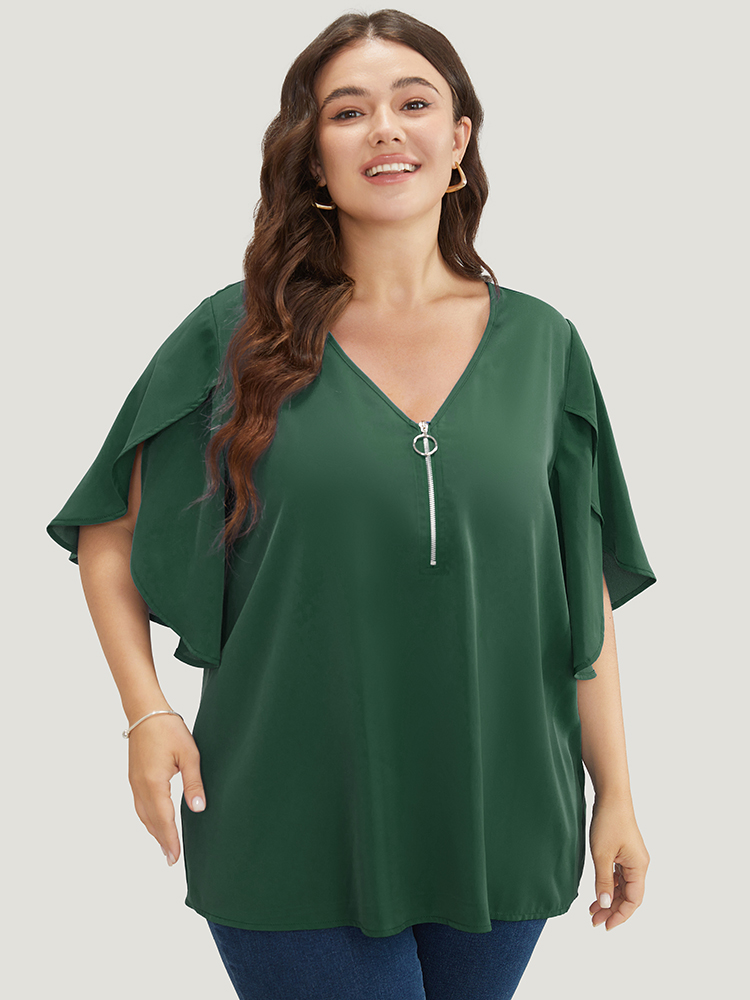 Plus Size Women Work Plain Zipper Ruffle Sleeve Half Sleeve V-neck Office Blouses BloomChic 